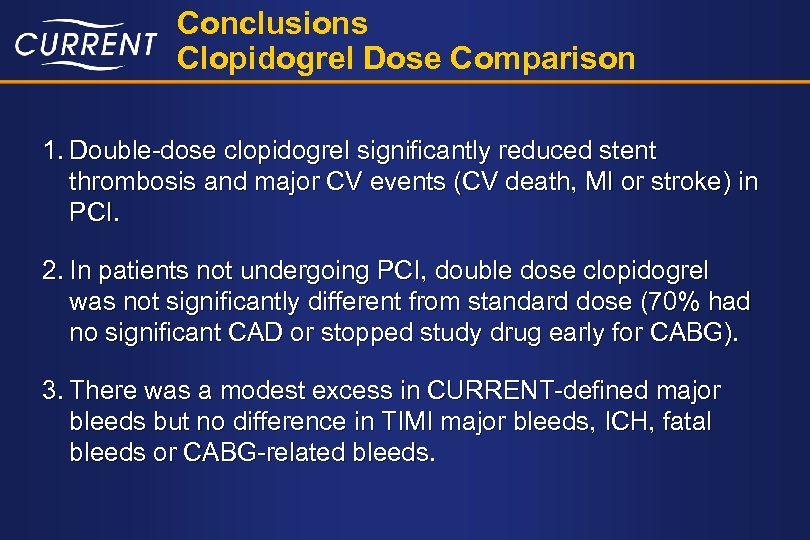 Conclusions Clopidogrel Dose Comparison 1. Double-dose clopidogrel significantly reduced stent thrombosis and major CV