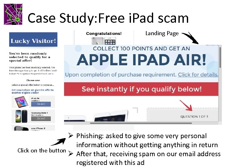 Case Study: Free i. Pad scam Landing Page Ø Phishing: asked to give some