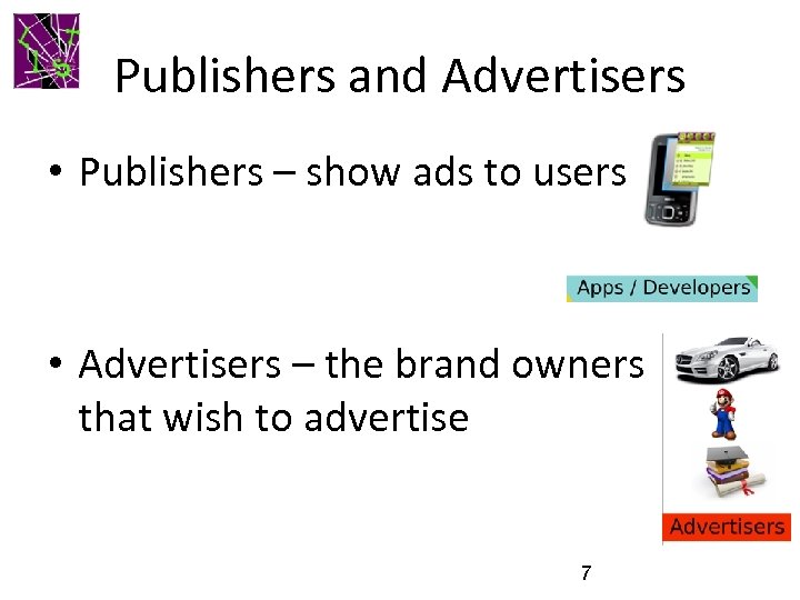 Publishers and Advertisers • Publishers – show ads to users • Advertisers – the