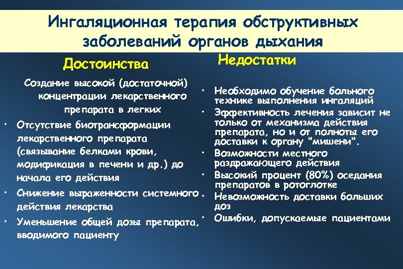 Ингаляционная терапия обструктивных заболеваний органов дыхания Достоинства Создание высокой (достаточной) концентрации лекарственного препарата в