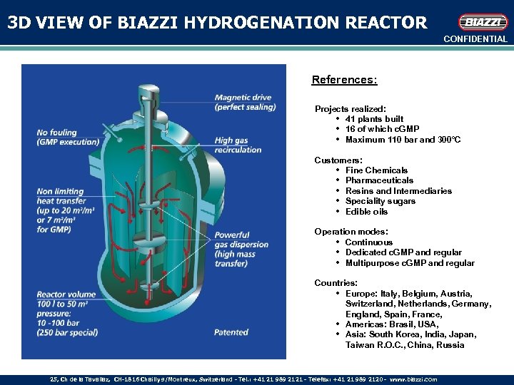 3 D VIEW OF BIAZZI HYDROGENATION REACTOR CONFIDENTIAL References: Projects realized: • 41 plants