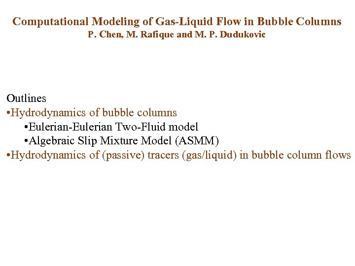 Computational Modeling of Gas-Liquid Flow in Bubble Columns P. Chen, M. Rafique and M.
