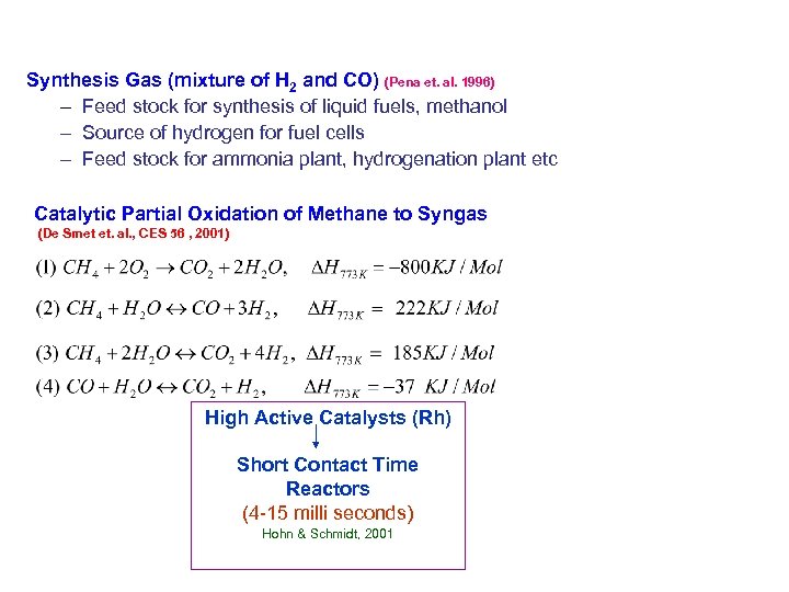 Synthesis Gas (mixture of H 2 and CO) (Pena et. al. 1996) – Feed