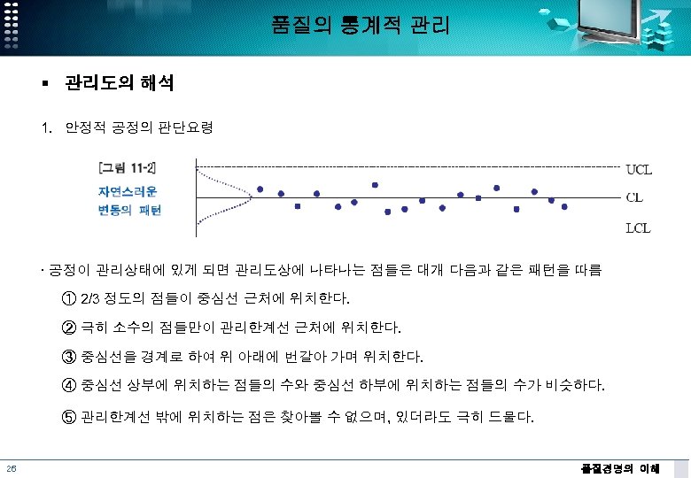 품질의 통계적 관리 § 관리도의 해석 1. 안정적 공정의 판단요령 ∙ 공정이 관리상태에 있게