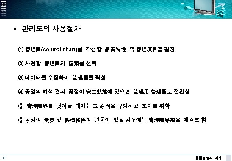§ 관리도의 사용절차 ① 管理圖(control chart)를 작성할 品質特性, 즉 管理項目을 결정 ② 사용할 管理圖의