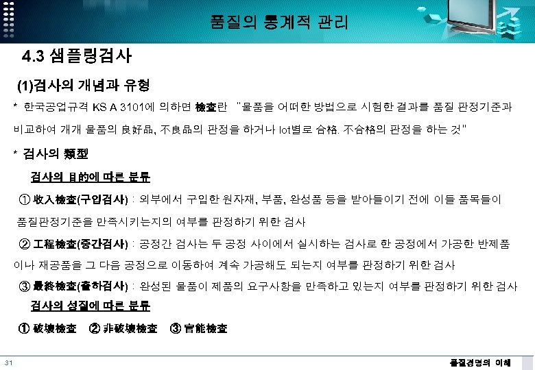 품질의 통계적 관리 4. 3 샘플링검사 (1)검사의 개념과 유형 * 한국공업규격 KS A 3101에