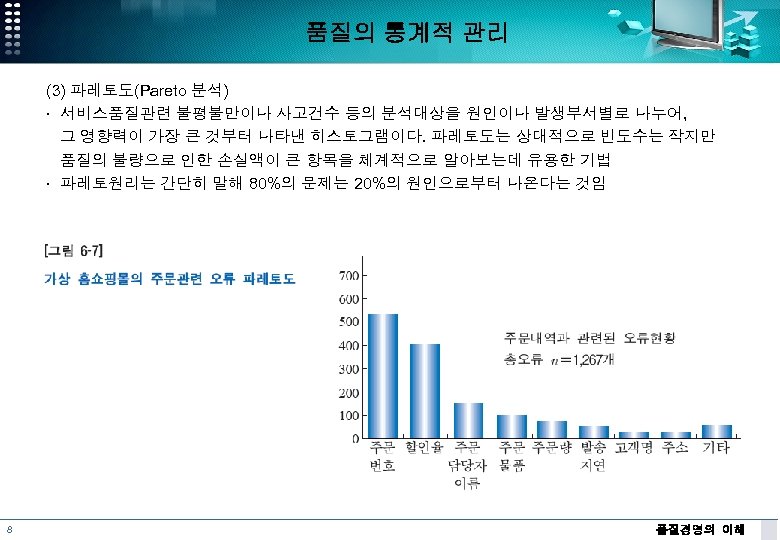품질의 통계적 관리 (3) 파레토도(Pareto 분석) ∙ 서비스품질관련 불평불만이나 사고건수 등의 분석대상을 원인이나 발생부서별로