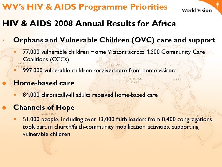 WV’s HIV & AIDS Programme Priorities HIV & AIDS 2008 Annual Results for Africa