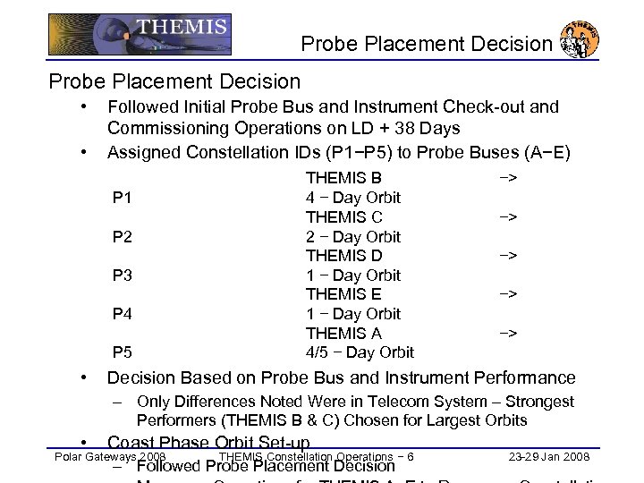Probe Placement Decision • • Followed Initial Probe Bus and Instrument Check-out and Commissioning