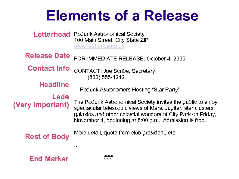 Elements of a Release Letterhead Release Date Contact Info Podunk Astronomical Society 100 Main