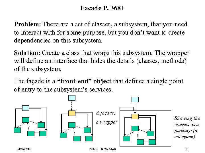 Facade P. 368+ Problem: There a set of classes, a subsystem, that you need