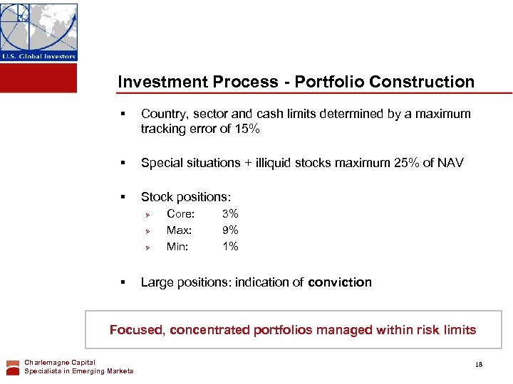 Investment Process - Portfolio Construction § Country, sector and cash limits determined by a