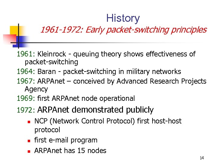 History 1961 -1972: Early packet-switching principles 1961: Kleinrock - queuing theory shows effectiveness of