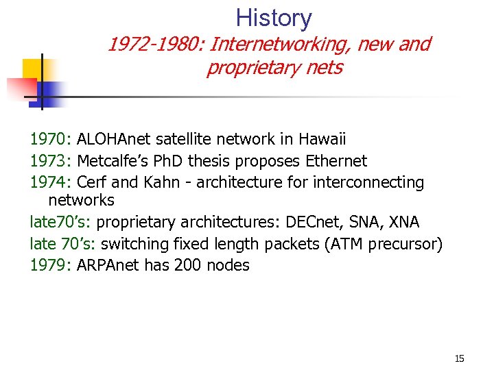 History 1972 -1980: Internetworking, new and proprietary nets 1970: ALOHAnet satellite network in Hawaii