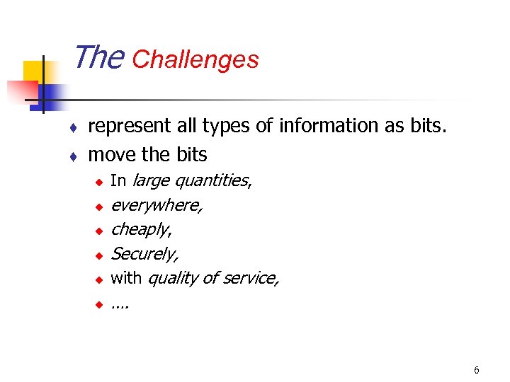 The Challenges t t represent all types of information as bits. move the bits