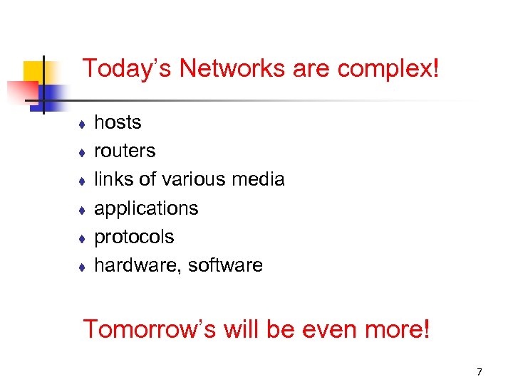 Today’s Networks are complex! t t t hosts routers links of various media applications