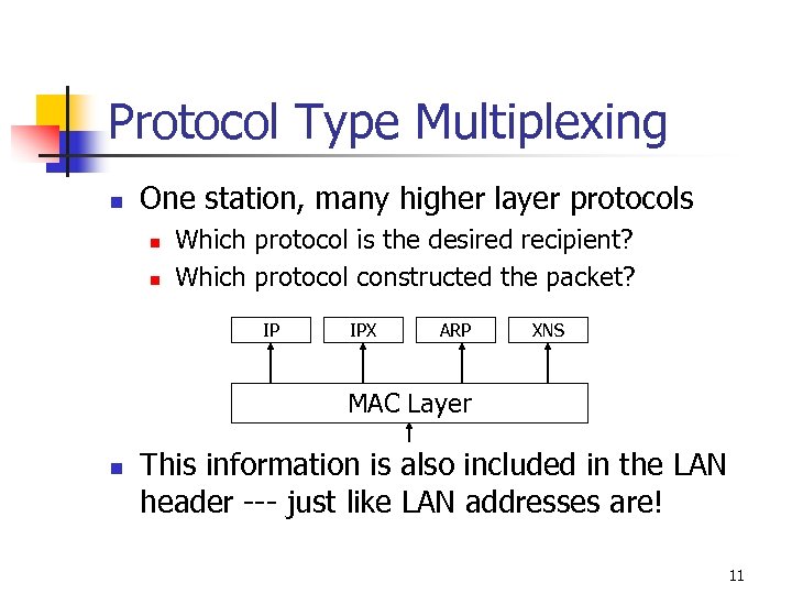 Protocol Type Multiplexing n One station, many higher layer protocols n n Which protocol