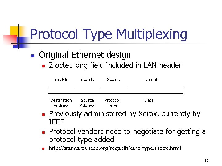 Protocol Type Multiplexing n Original Ethernet design n 2 octet long field included in