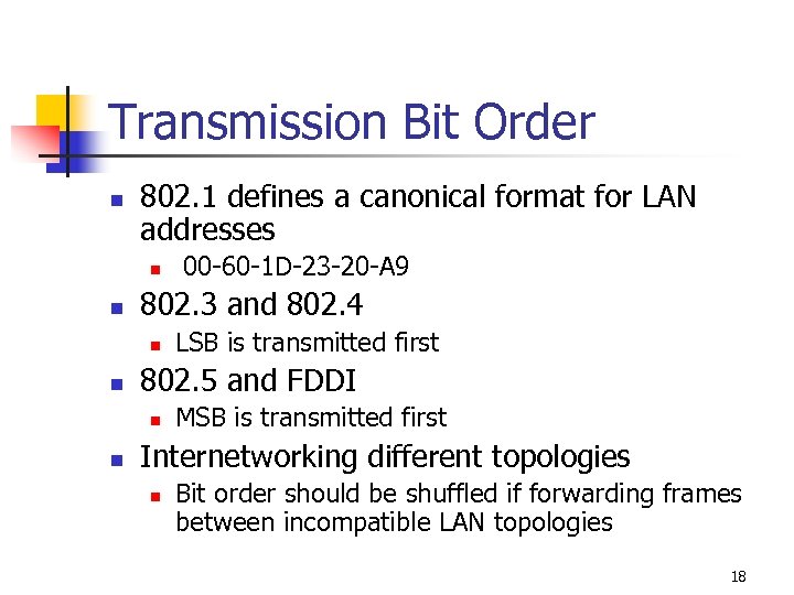 Transmission Bit Order n 802. 1 defines a canonical format for LAN addresses n