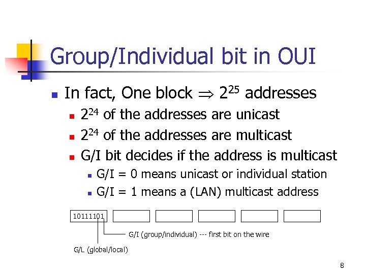 Group/Individual bit in OUI n In fact, One block 225 addresses n n n
