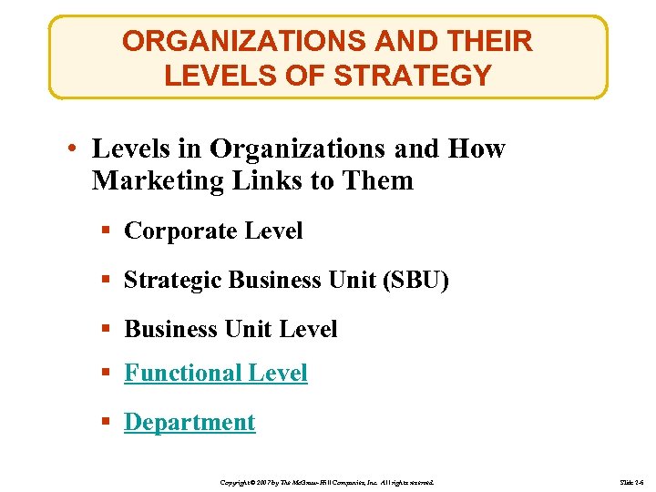ORGANIZATIONS AND THEIR LEVELS OF STRATEGY • Levels in Organizations and How Marketing Links