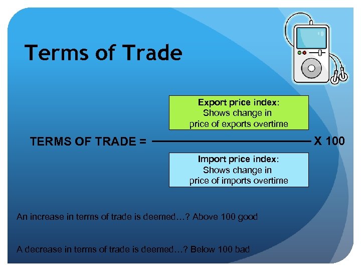 Terms of Trade Export price index: Shows change in price of exports overtime X