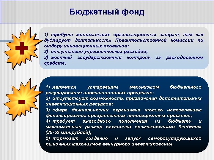 Бюджетный фонд + 1) требует минимальных организационных затрат, так как дублирует деятельность Правительственной комиссии