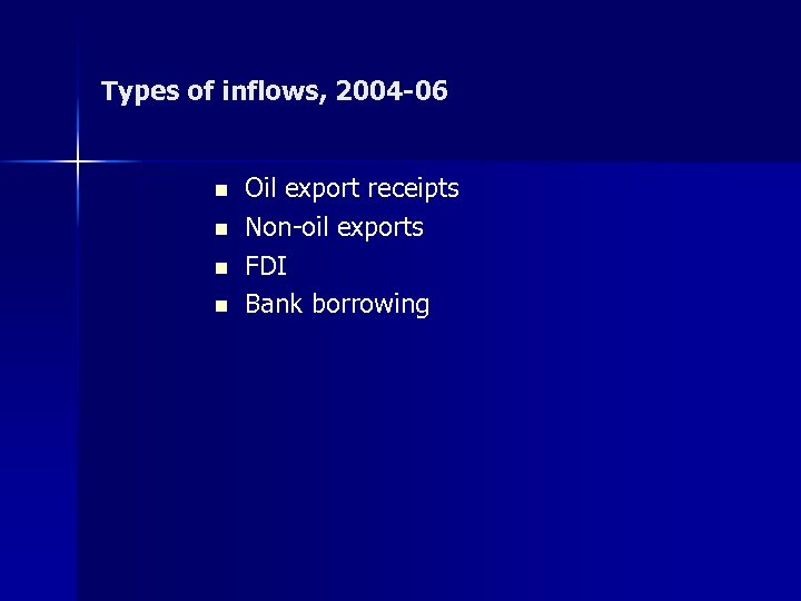 Types of inflows, 2004 -06 n n Oil export receipts Non-oil exports FDI Bank
