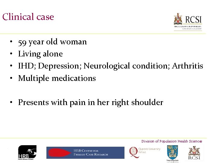 Clinical case • • 59 year old woman Living alone IHD; Depression; Neurological condition;