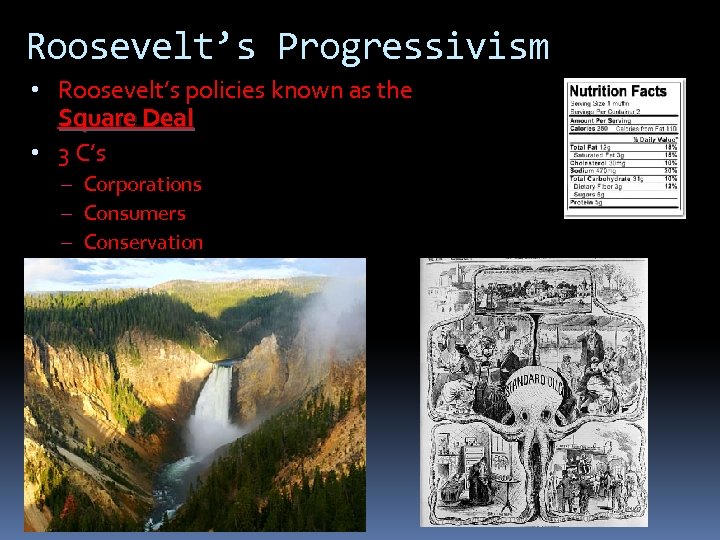 Roosevelt’s Progressivism • Roosevelt’s policies known as the Square Deal • 3 C’s –