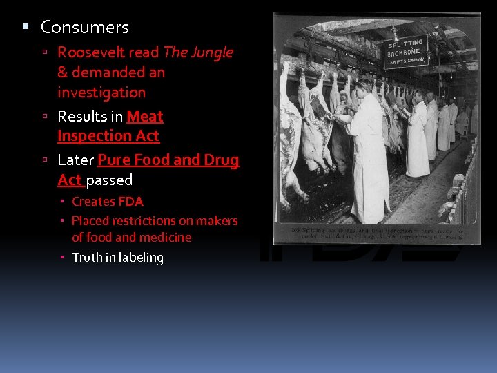  Consumers Roosevelt read The Jungle & demanded an investigation Results in Meat Inspection
