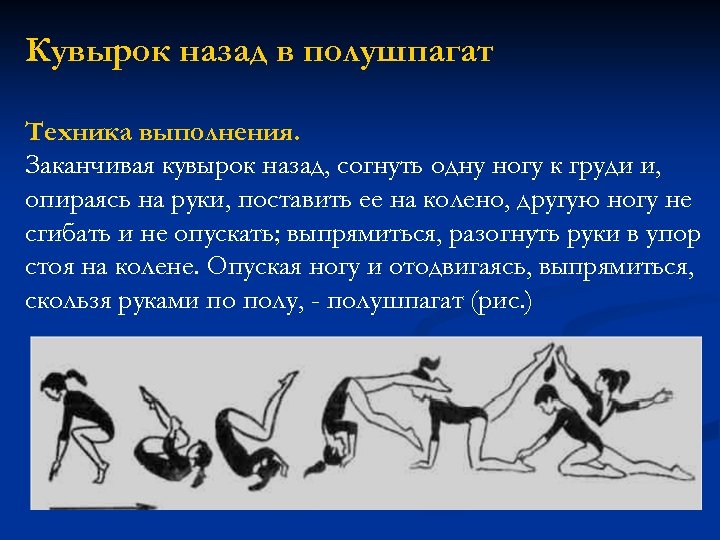 Кувырок назад в полушпагат Техника выполнения. Заканчивая кувырок назад, согнуть одну ногу к груди