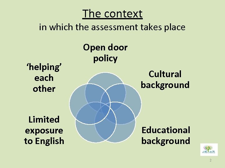 The context in which the assessment takes place ‘helping’ each other Limited exposure to
