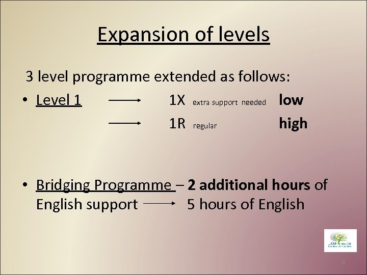 Expansion of levels 3 level programme extended as follows: • Level 1 1 X