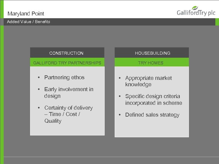 Maryland Point Added Value / Benefits CONSTRUCTION GALLIFORD TRY PARTNERSHIPS • Partnering ethos •