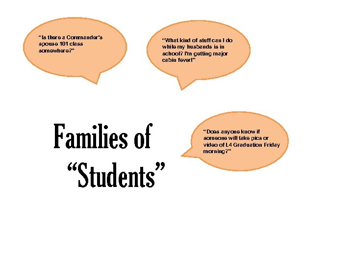 “Is there a Commander’s spouse 101 class somewhere? ” “What kind of stuff can