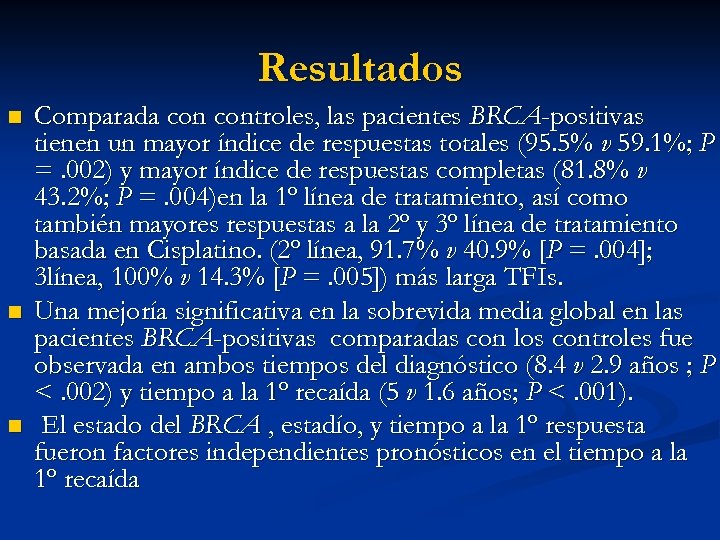 Resultados n n n Comparada controles, las pacientes BRCA-positivas tienen un mayor índice de