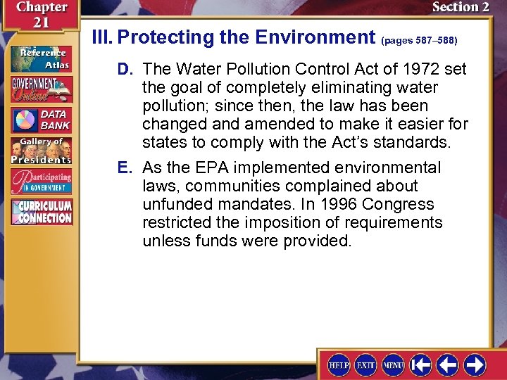 III. Protecting the Environment (pages 587– 588) D. The Water Pollution Control Act of