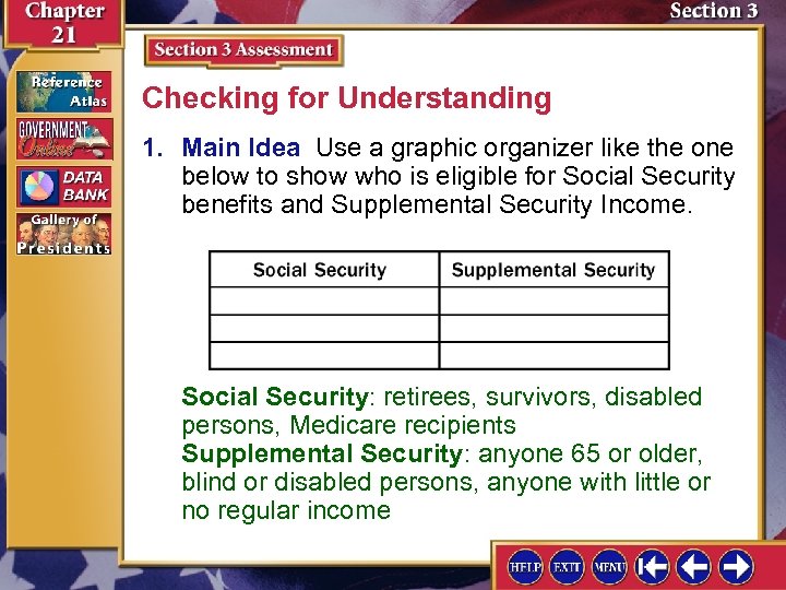 Checking for Understanding 1. Main Idea Use a graphic organizer like the one below