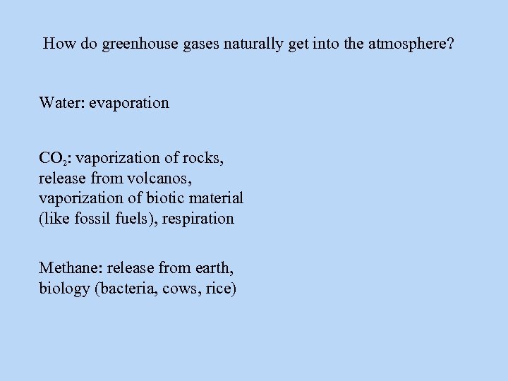 How do greenhouse gases naturally get into the atmosphere? Water: evaporation CO 2: vaporization