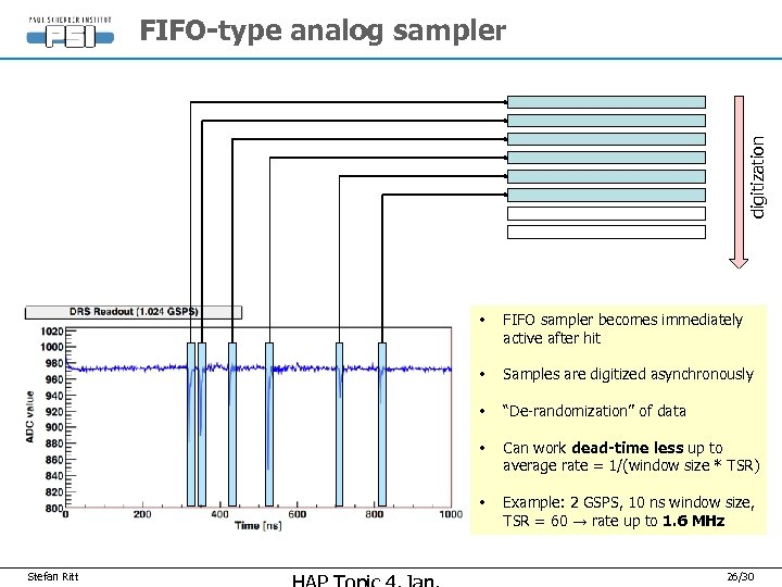 digitization FIFO-type analog sampler • • Samples are digitized asynchronously • “De-randomization” of data