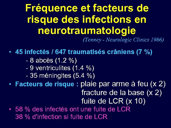 Fréquence et facteurs de risque des infections en neurotraumatologie (Tenney - Neurologic Clinics 1986)