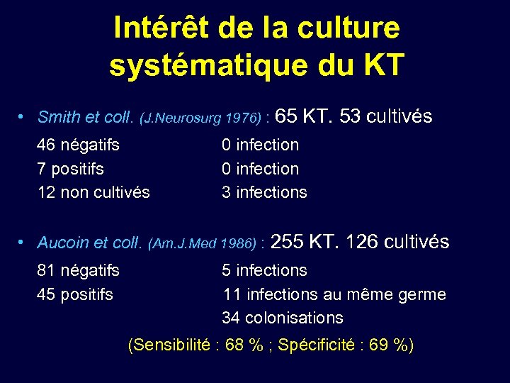 Intérêt de la culture systématique du KT • Smith et coll. (J. Neurosurg 1976)