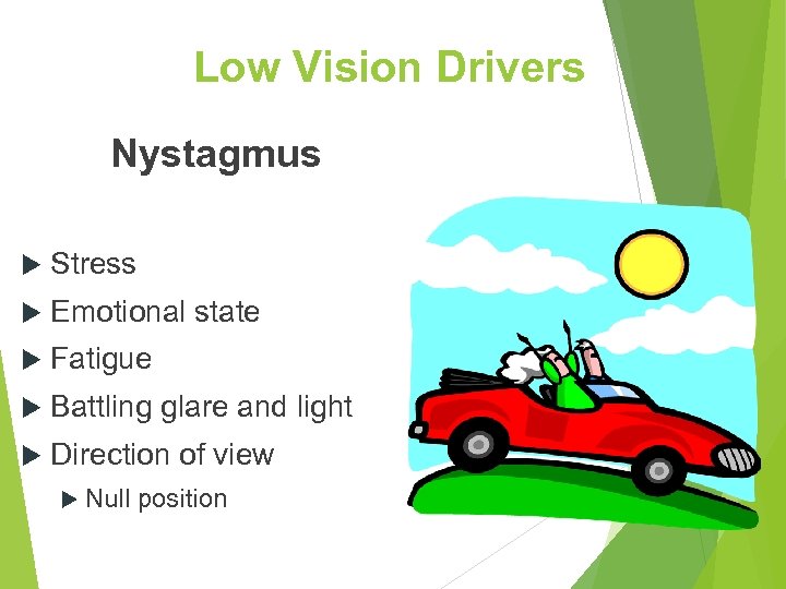 Low Vision Drivers Nystagmus Stress Emotional state Fatigue Battling glare and light Direction of