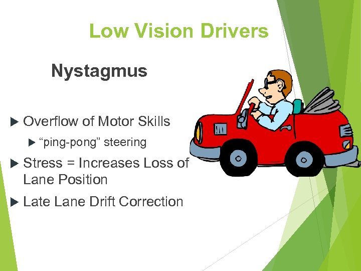 Low Vision Drivers Nystagmus Overflow of Motor Skills “ping-pong” steering Stress = Increases Loss