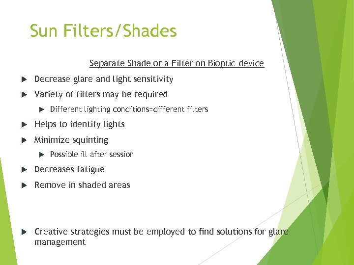 Sun Filters/Shades Separate Shade or a Filter on Bioptic device Decrease glare and light