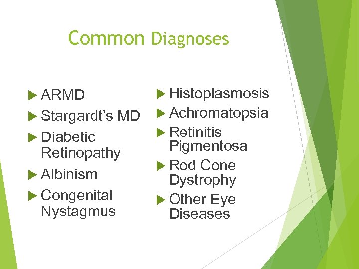 Common Diagnoses ARMD Histoplasmosis MD Achromatopsia Retinitis Diabetic Pigmentosa Retinopathy Rod Cone Albinism Dystrophy