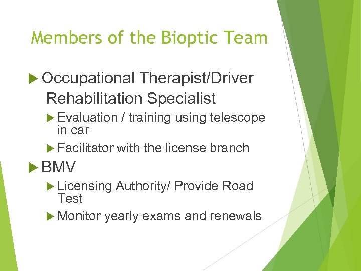 Members of the Bioptic Team Occupational Therapist/Driver Rehabilitation Specialist Evaluation / training using telescope