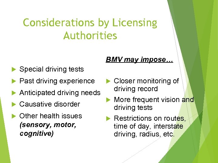 Considerations by Licensing Authorities BMV may impose… Special driving tests Past driving experience Closer