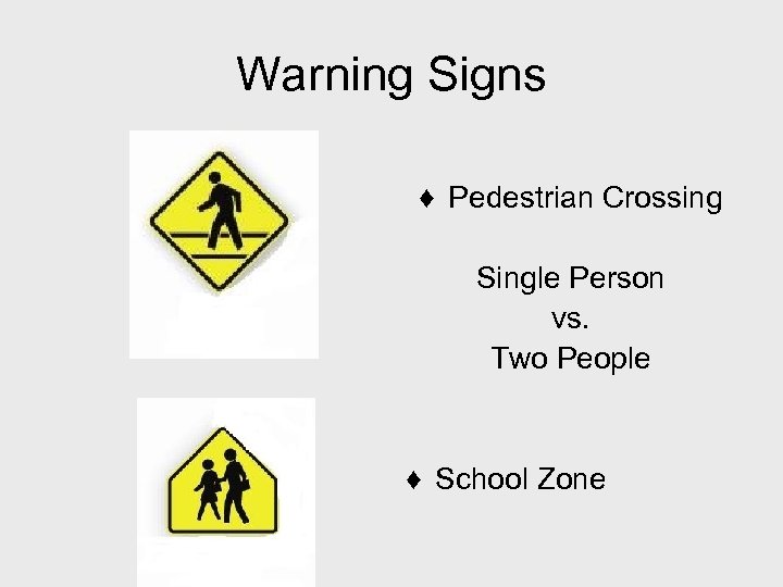 Warning Signs ♦ Pedestrian Crossing Single Person vs. Two People ♦ School Zone 